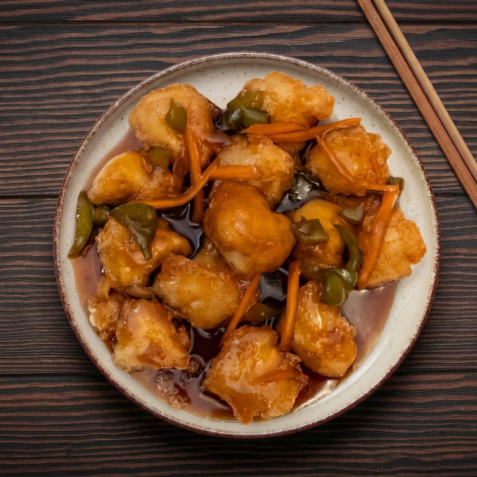 Sweet and sour chicken with green peppers and carrots on a white plate with chopsticks.