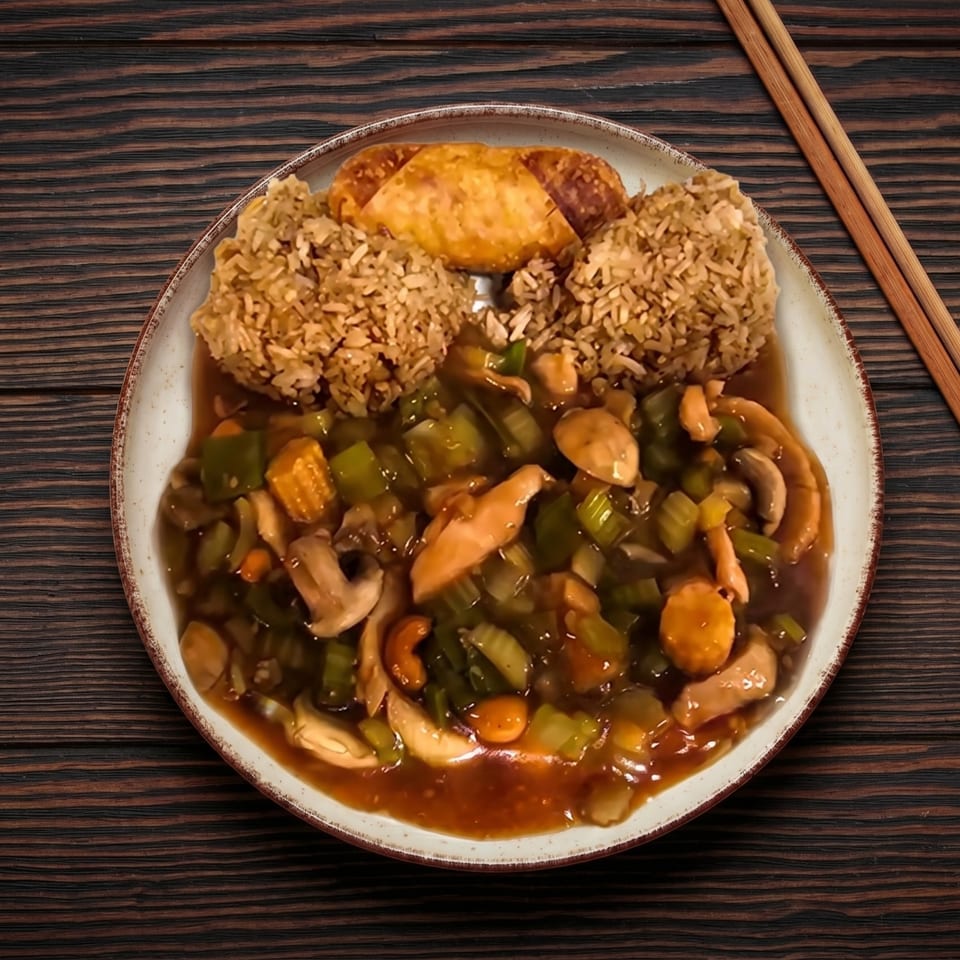 A plate of cashew chicken with fried rice and an egg roll, with chopsticks on a wooden table.