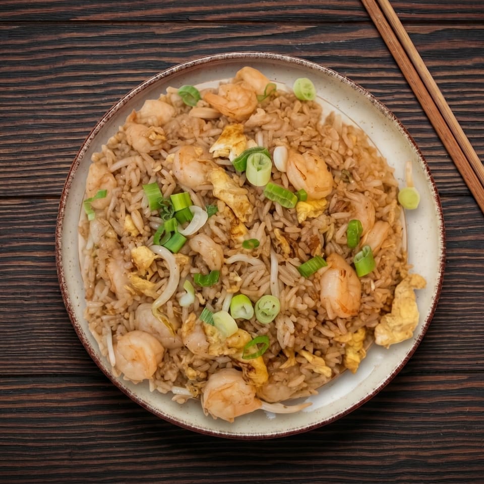 Shrimp fried rice with egg, bean sprouts, and green onions on a rustic plate with chopsticks.