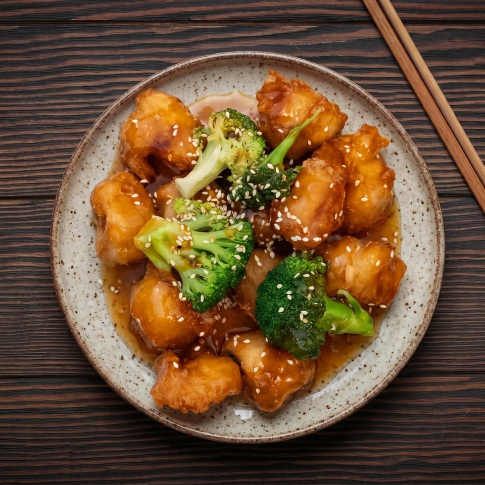 Sweet and sour chicken with broccoli and sesame seeds on a speckled plate with chopsticks.