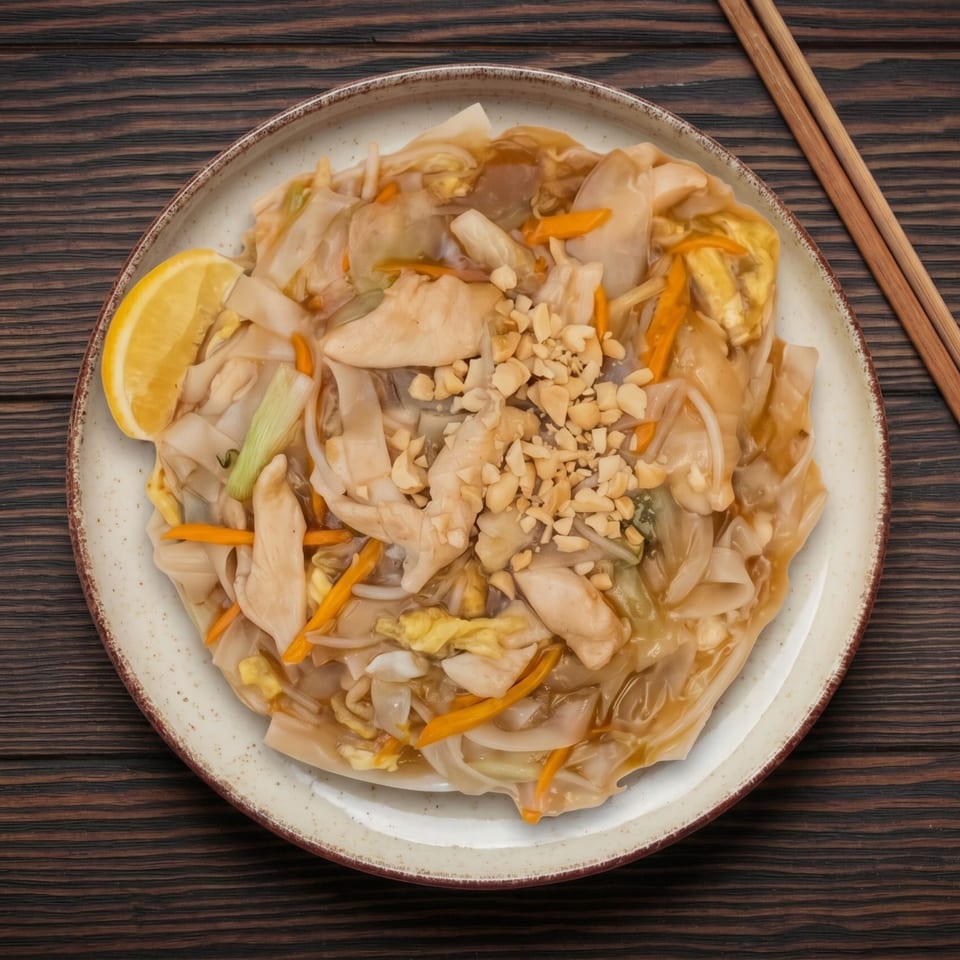 A plate of chicken pad see ew with peanuts, lemon, and chopsticks on a wooden table.