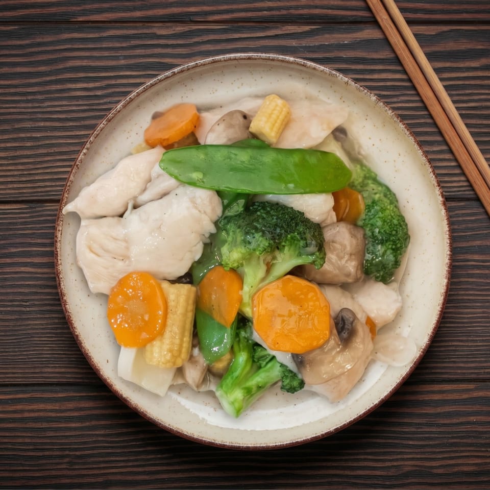 A plate of chicken stir-fry with broccoli, carrots, baby corn, mushrooms, and snow peas.