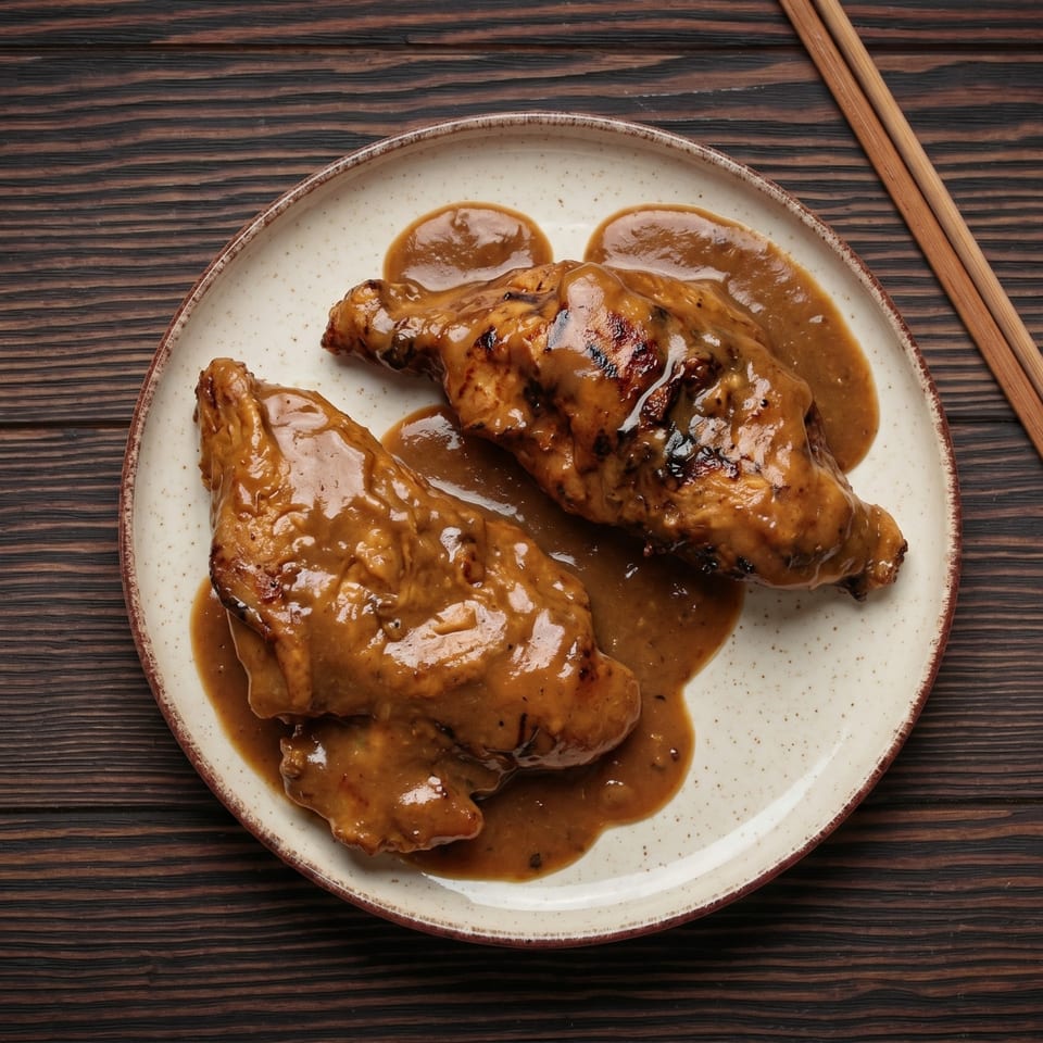 Two pieces of grilled chicken covered in a rich brown sauce on a white plate with chopsticks.