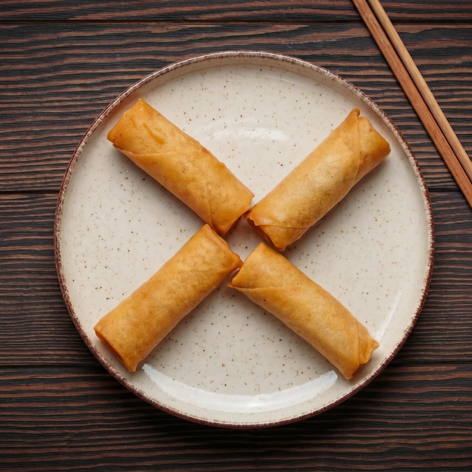 Four golden-brown spring rolls arranged in an 'X' shape on a speckled white plate with chopsticks.