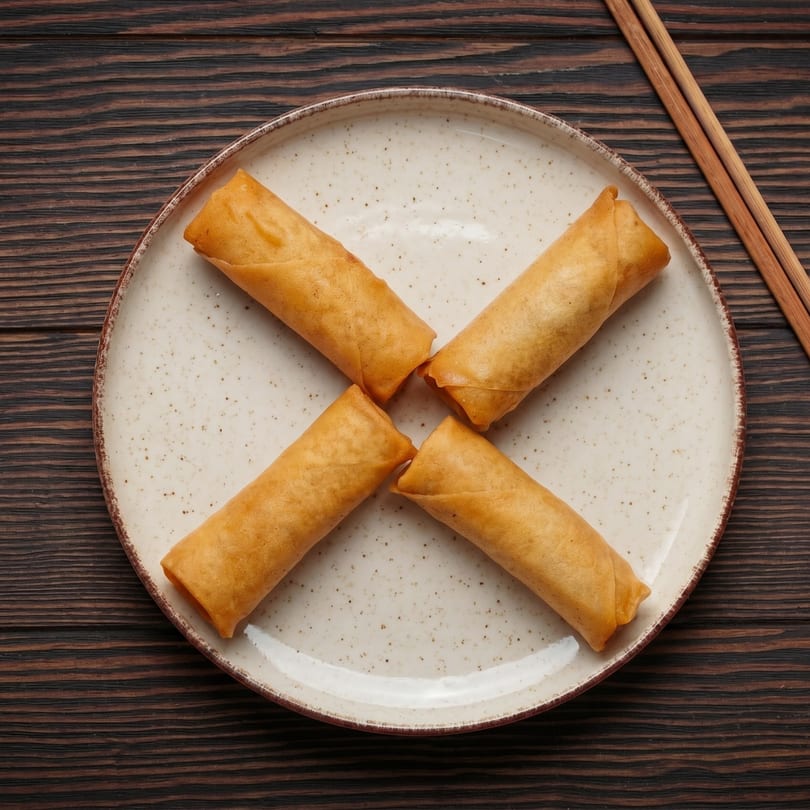 Four golden-brown spring rolls arranged in an 'X' shape on a speckled white plate with chopsticks.